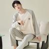 Pijama Masculino de Algodão Puro Justo para Primavera e Outono, Calça de Manga Longa, Estilo Casual Simples, Cor Lisa, Tamanho Grande, Conjunto de Roupa para Casa