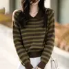 Nuevo Suéter de Punto con Cuello Polo de Seda y Lana Otoño/Invierno 2026 Manga Larga para Mujer con Bloques de Color y Rayas, Prenda Base