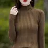 Top de punto acanalado de algodón puro de cuello medio alto transfronterizo para mujer, nueva moda de otoño e invierno, camiseta básica versátil cálida y transpirable con mangas largas
