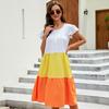 Verão 2026 Novo Estilo Cor Contrastante Patchwork Tricolor Vestido Gola Redonda Vestido Babydoll Casual Vestido Bufante Moda