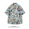 Camisa Masculina Vintage de Verão Pintura a Óleo Gola Retrô Estampa Completa Tendência High Street para Casal Manga Curta