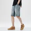 Pantalones cortos de mezclilla lavada con efecto desgastado estilo americano para hombre, de verano, finos, holgados, rectos, de cinco puntos