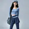 Conjunto de Yoga Color Block Estilo Coreano para Mulheres, Top com Gola Quadrada e Buraco para Polegar, Cintura Alta Controle de Barriga Emagrecimento, Roupa Fitness Outerwear para Uso Diário para Mulheres