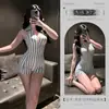 Body de Lencería Sexy Rayado con Escote Profundo y Abertura en la Entrepierna para Realzar el Busto Pequeño, Atuendo Sensual 8060
