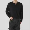 Camiseta Masculina Henley de Manga Longa com Textura MYQ Outono Primavera Solta Casual Camada Base Estilo Coreano Roupa Vibe de Marido