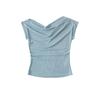 25 Verão Quente Americano Nova Camiseta Feminina de Cor Sólida Ombro a Ombro Manga Curta Um Ombro Fina Drapeada Cintura Marcada Top Base