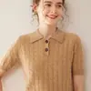 Suéter de Caxemira com Gola Polo Outono Inverno Feminino Manga Curta Camisa de Malha para Camada Interna Twist de Caxemira Manga Curta Estilo Preppy