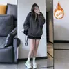 Cárdigan pesado estilo americano para otoño/invierno color gris lechoso con cremallera, prenda exterior retro para mujer, forrado de felpa y engrosado, corte holgado para primavera y otoño