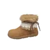 Moda Estilo Retrô Cor Pura Renda Laço Forrado com Lã Quente Botas de Neve para Mulheres 2025 Inverno Novo Bico Redondo Botas da Moda