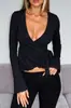 L25T011 Moda Europea y Americana Nuevo Estilo Chaleco de Manga Larga Sexy con Tirantes Cuello en V Top Básico para Mujer