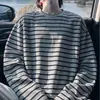 Camiseta de Manga Larga con Cuello Redondo y Rayas Retro para Hombre Otoño Ropa Holgada Pulóver Perezoso Relajado Casual Camiseta Top
