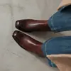 Suela Elevadora Silenciosa de 5 cm Que No Cansa Tus Pies~ Versátil para el Viaje Diario Punta Cuadrada Tacón Grueso Cuero Genuino Pulido Botines Cortos para Mujer Botas Martin