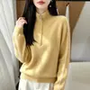 Suéter Engrossado 100% Lã Pura Feminino Meio Zíper Gola Alta Tricô Color Block Camada Base Outono Inverno Top Quente