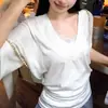 Una generación de verano 260 gramos de algodón hilo 2*2 cuello V grande hombro manga corta camiseta mujer manga murciélago blusa chaqueta