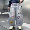 Pantalones de Pierna Ancha con Estampado de Grafitis para Niños, Primavera y Otoño, Tallas Medianas y Grandes, Jeans Sueltos de Moda para Niños, Pantalones Largos Elegantes y Cómodos para Niños
