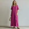 Comercio Electrónico Transfronterizo Europa y América 2026 Nuevo Estilo Vestido Largo para Mujer Casual Holgado Cuello en V Manga Corta Plisado Vestido de Algodón Lino Mujer