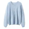 26 Otoño/Invierno Nuevo 100% Cachemira Dobladillo Enrollado Cuello Redondo Cardigan de Punto Manga Larga Abullonada Color Sólido Suéter de Cachemira Cepillada