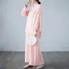 Venta Directa de Fábrica Conjunto de Ropa de Yoga de Manga Larga, Nuevo Estilo Chino para Primavera y Otoño Top Abotonado, Pantalones de Pierna Ancha, Ropa Zen para Té para Mujeres