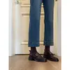 Versión de Piel de Oveja ~ Zapatos Mocasines de Boca Profunda con Hebilla de Cinturón Retro para Mujer, Ropa de Trabajo Sencilla Tacón Grueso Estilo Británico Un Pie Zapatos Pequeños de Cuero