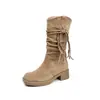 Nuevas Botas Retro de Suela Gruesa para Mujer 2025, Botas de Caballero Estilo Páramo con Borla y Cuerda de Cáñamo, Botas de Ante de Tacón Grueso con Punta Redonda hasta Media Pantorrilla