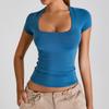 Traje de Yoga de Chal de Cuello Grande Nuevo de Primavera y Verano Transfronterizo Camiseta de Manga Corta para Mujer Top Deportivo Ajustado Traje de Fitness para Correr