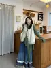 Colete de renda vazado estilo japonês para mulheres, nova coleção de outono, conjunto em camadas com camiseta irregular e calça jeans wide leg