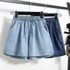 Foto Real de Shorts Jeans Retos Emagrecedores de Seda Gelada para Mulheres Plus Size, Shorts Jeans Largos Finos de Cintura Alta para o Verão, Tencel