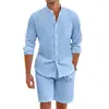 Amazon Transfronterizo Conjunto de Dos Piezas de Lino para Hombre Verano Camisa de Botones Manga Larga Cárdigan Camisa Casual con Shorts