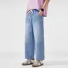 Jeans Masculino Retro Americano 2026, Corte Solto, Estampa de Bambu, Cintura Elástica, Calças Cropped de Perna Reta para o Verão