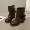 Botas de Cavaleiro Femininas com Salto Grosso, Botas Western, Botas Curtas Plissadas Cowboy Retro de Bico Redondo com Fivela de Nicho