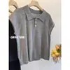 Camisa Polo Gris Manga Corta Volante Tejida Seda de Hielo Camiseta de Manga Corta para Mujer Verano Estilo Perezoso Elegante Holgada Top Corto