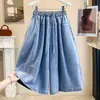 Toma real de pantalones de mezclilla con cordón de retazos a cuadros artísticos estilo japonés para tallas grandes para mujer, primavera, corte holgado, adelgazantes, con caída, pierna ancha, tipo falda-pantalón