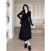Tamanho Grande Ligeiramente Gordinha mm Início do Outono Novo Vestido Preto Decote V Cintura Alta Moda Coreana Estilo Hepburn Linha A Saia Longa
