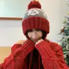 Chapéu de Tricô Jacquard Color Block Estilo Fair Isle Retrô com PomPom para Mulheres, Tendência de Inverno Chapéu Espesso com Cadarço e Orelhas, Chapéu Puxar Frio