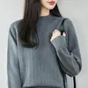 Novo suéter de tricô 100% algodão puro com gola alta parcial para outono e inverno para mulheres, blusa base espessa, top versátil de estilo minimalista