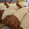 Conjunto de Cobertura de Cama Espessa com Renda Estilo Coreano, Conjunto de Quatro Peças, Estilo Ins Fresco e Simples, Algodão Lavado Tradicional, Colcha de Verão Grande com Renda Conjunto de Quatro Peças