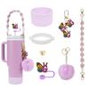Conjunto de 7 peças de copo decorativo com tampa de palha, conjunto de copos, corrente de copos, letras, borboleta, série, pingente de chave, pingente de bola de pelúcia, rápido