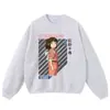 Moletom Preto Lavado Vintage com Estampa, Caimento Solto, Tamanho Grande, Estilo Anime Japonês, Peça de Outono/Inverno, Moletom Gola Redonda, Moletom com Capuz