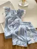 Pijama de Algodão Macio e Fofo com Listras Azuis em Formato de Nuvem Estilo Coreano para Mulheres, Shorts de Manga Curta para o Verão, Roupa de Casa
