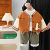 Conjunto de Uniforme de Baseball 3D Cachorrinho Outono Inverno para Meninos Blusão com Patchwork Color Block e Forro de Lã Conjunto de Três Peças Roupas Infantis para Exterior