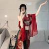 Dunhuang Exótico Antigo Vestido de Dança Sexy Barriga Tentação Impresso Phoenix Feitian Perspectiva Uniforme Hanfu Terno de Tamanho Grande