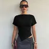Estilo Picante de Chica Europea y Americana Primavera y Verano Nuevo Estilo Cintura Plisada Ceñida Dobladillo Irregular Color Sólido Manga Corta Camiseta Directo del Fabricante