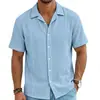 Camisa Masculina de Verão com Textura Waffle Respirável Gola Cubana Cardigã Casual de Manga Curta Venda por Atacado