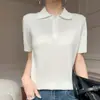 Polo de Lana Fina con Cuello de Pico, Tejido de Manga Corta, Verano, Estilo Nuevo, Solapa, Media Cremallera, Top Holgado de Color Sólido, Manga Corta para Mujer