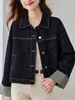 Estilo Coreano Nuevo Manga Patchwork Holgado Delgado Chic Casual Chaqueta Top de Mezclilla Azul Oscuro Otro Europeo y Americano