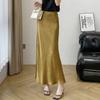 Falda Larga Slim de Satén de Acetato Dorado para Mujer Verano Amarillo Drapeado Extendido Seda Ajustada a la Cadera Cola de Pez