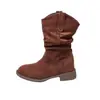 Botines Nuevos Transfronterizos para Mujer Otoño/Invierno 2026, Botas Marrones de Gamuza Arrugadas hasta Media Pantorrilla, Tacón Bajo Grueso