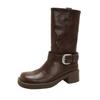 Botas de Cowboy Europeias e Americanas Femininas Outono e Inverno Salto Grosso Quadrado Botas Chelsea Fivela de Cinto Retrô Solado Grosso Botas de Motocicleta Bonitas