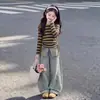 Conjunto de Roupa de Outono para Meninas 2026 Novo Conjunto de Duas Peças Vintage Listrado e Calça Pantalona para Meninas Mais Velhas Roupa Casual