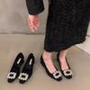 Tacones altos franceses para mujer, cabeza cuadrada, primavera 2025, recién llegados, estilo coreano, elegantes, combinables, con diamantes de imitación, tacón cuadrado, zapatos individuales para mujer, para ir al trabajo.